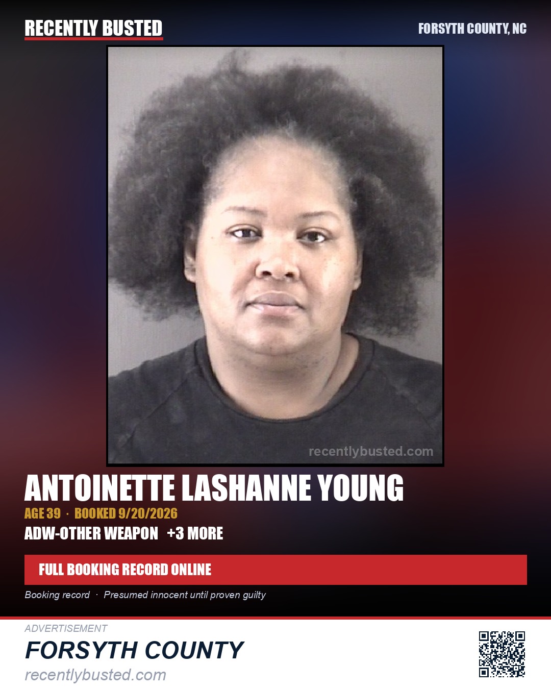 ANTOINETTE LASHANNE YOUNG — arrest record card, Forsyth County, North Carolina
