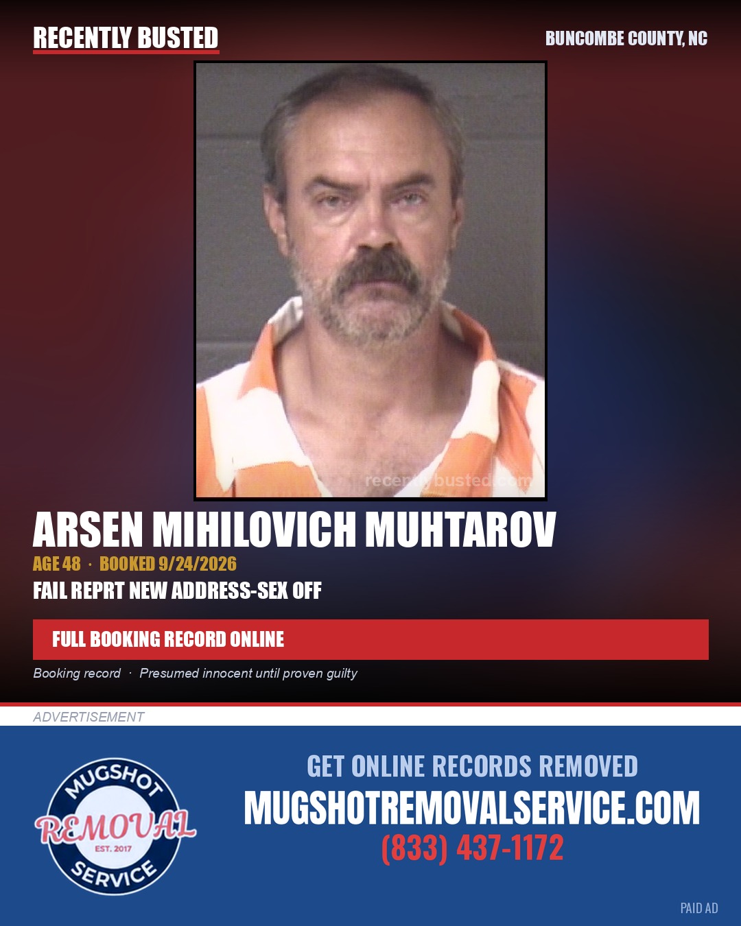 ARSEN MIHILOVICH MUHTAROV — arrest record card, Buncombe County, North Carolina