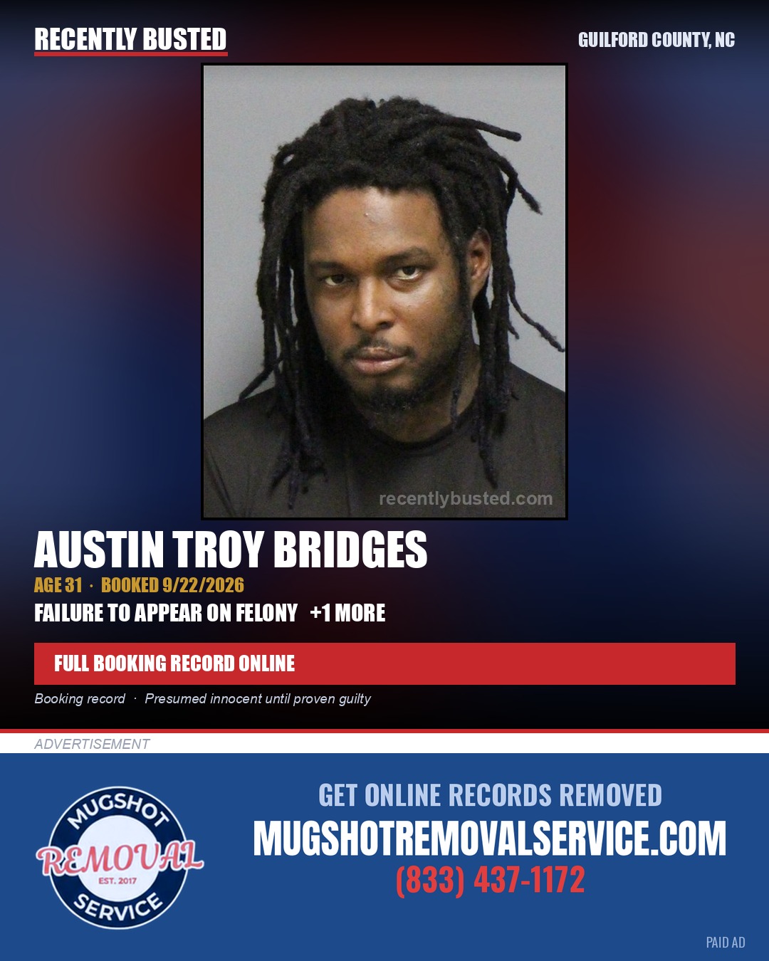 AUSTIN TROY BRIDGES — arrest record card, Guilford County, North Carolina