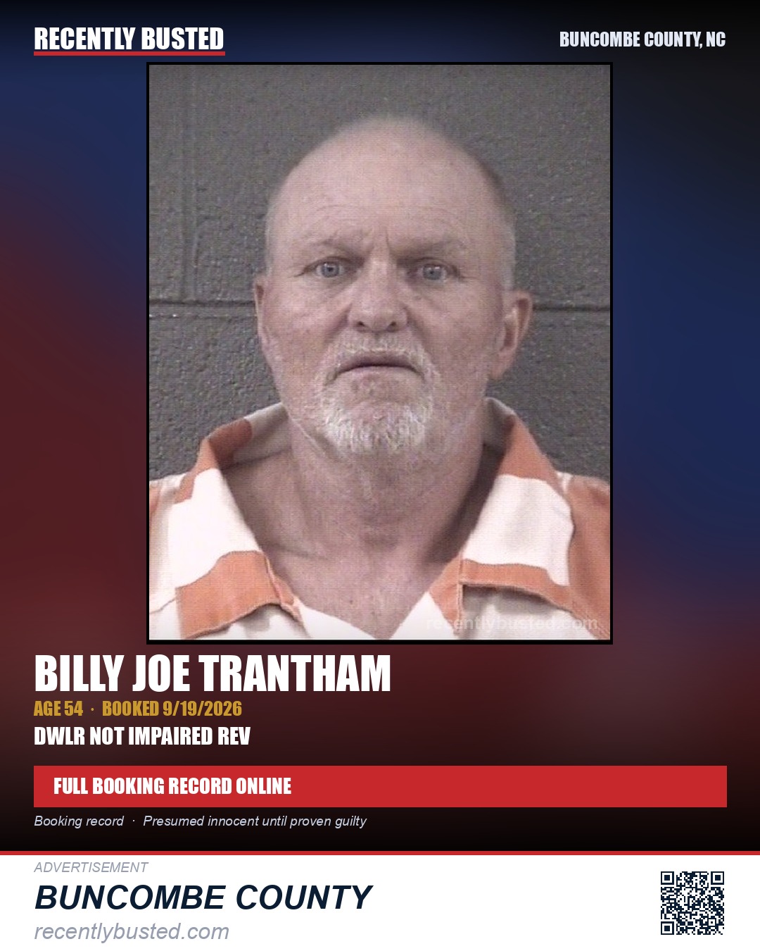 BILLY JOE TRANTHAM — arrest record card, Buncombe County, North Carolina
