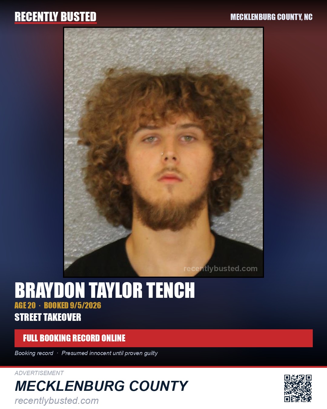 BRAYDON TAYLOR TENCH — arrest record card, Mecklenburg County, North Carolina