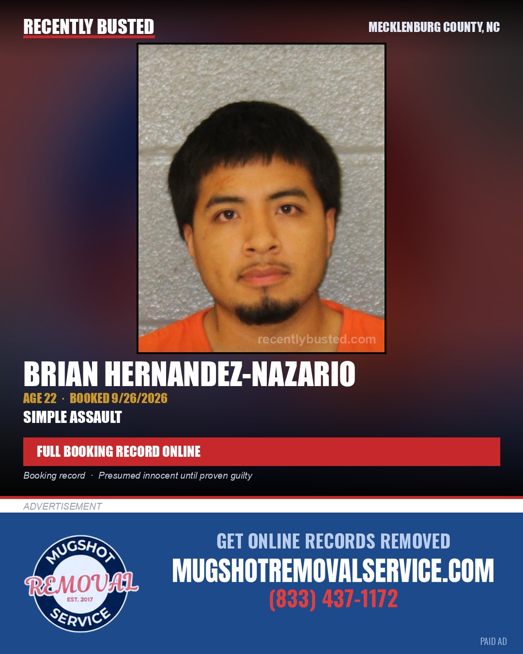 BRIAN HERNANDEZ-NAZARIO — arrest record card, Mecklenburg County, North Carolina