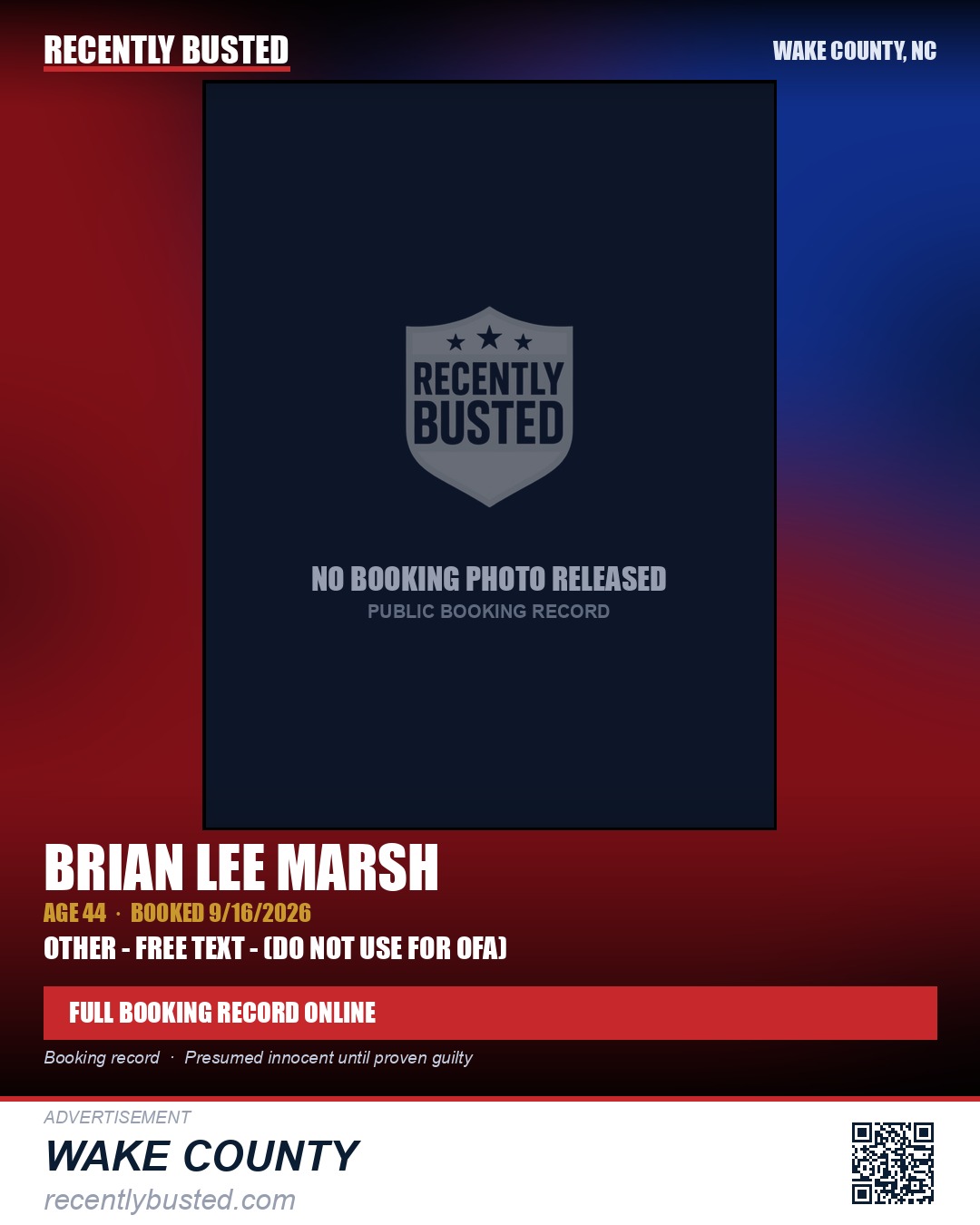BRIAN LEE MARSH — arrest record card, Wake County, North Carolina