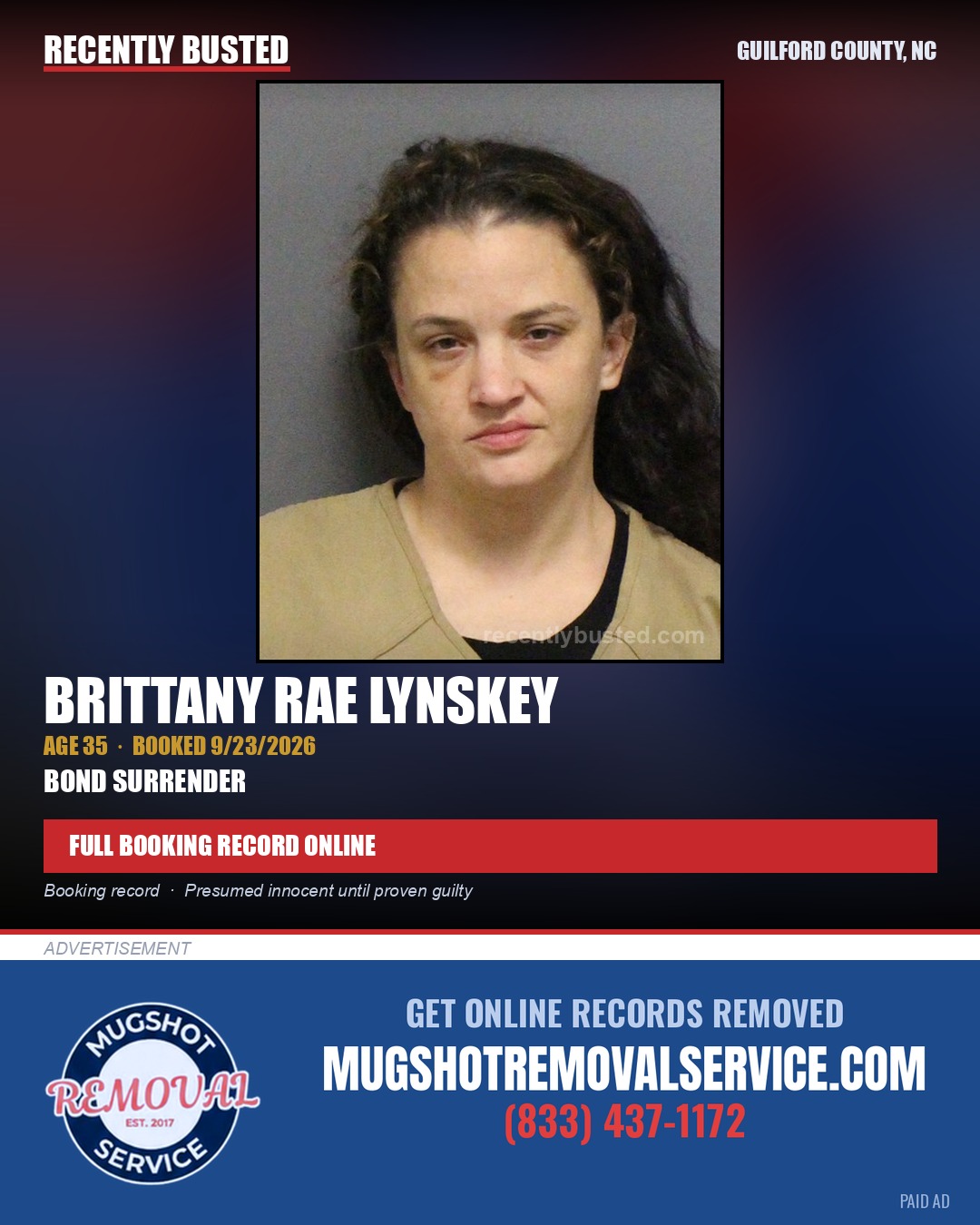 BRITTANY RAE LYNSKEY — arrest record card, Guilford County, North Carolina