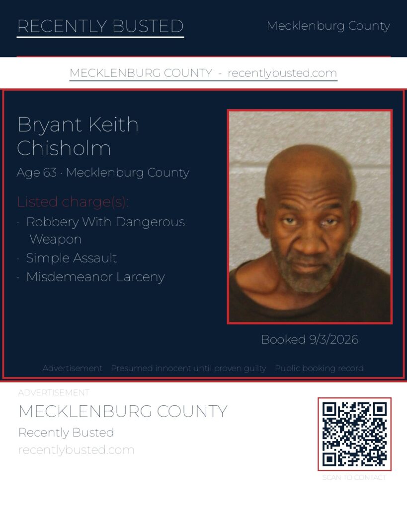 BRYANT KEITH CHISHOLM — arrest record card, Mecklenburg County, North Carolina