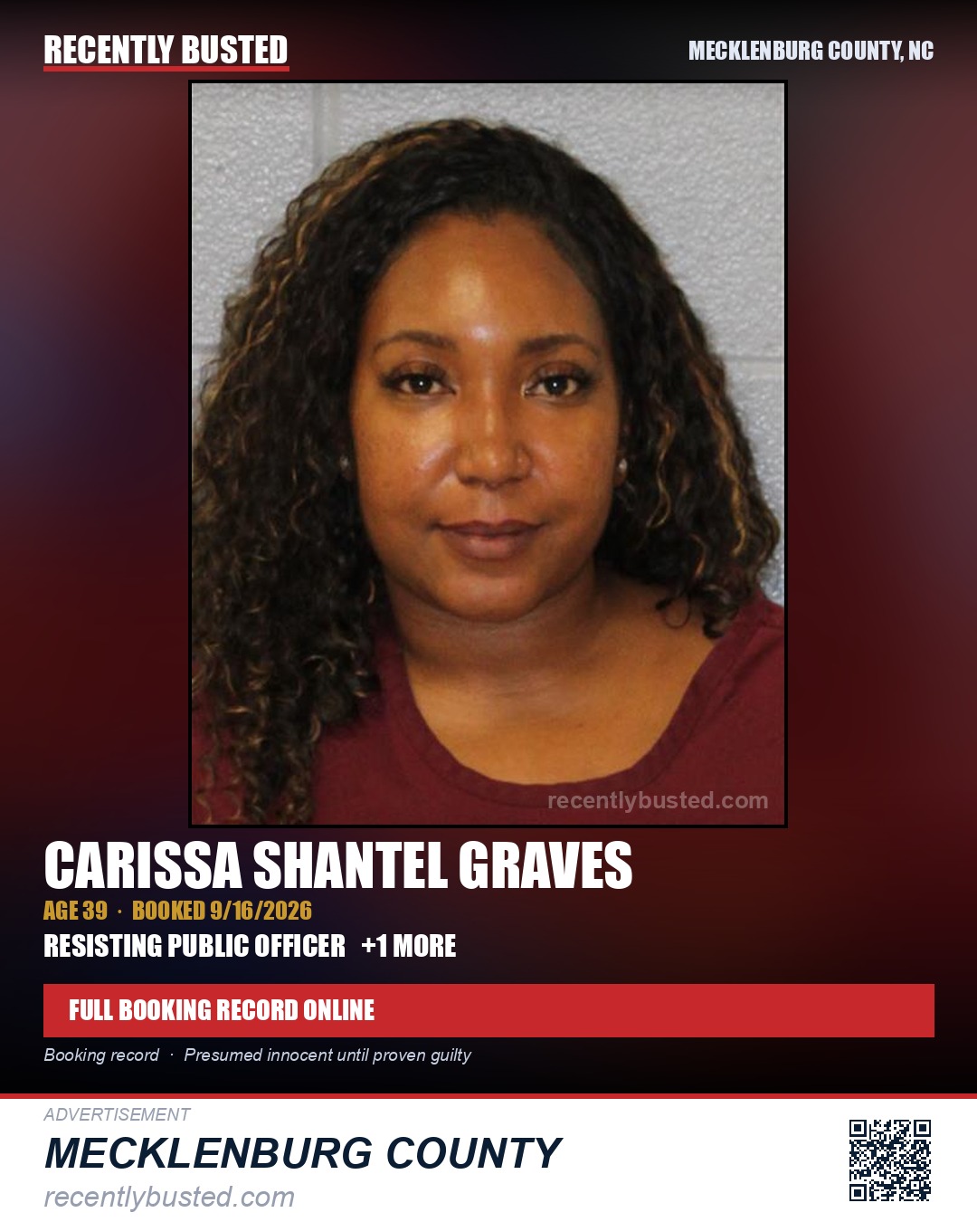 CARISSA SHANTEL GRAVES — arrest record card, Mecklenburg County, North Carolina