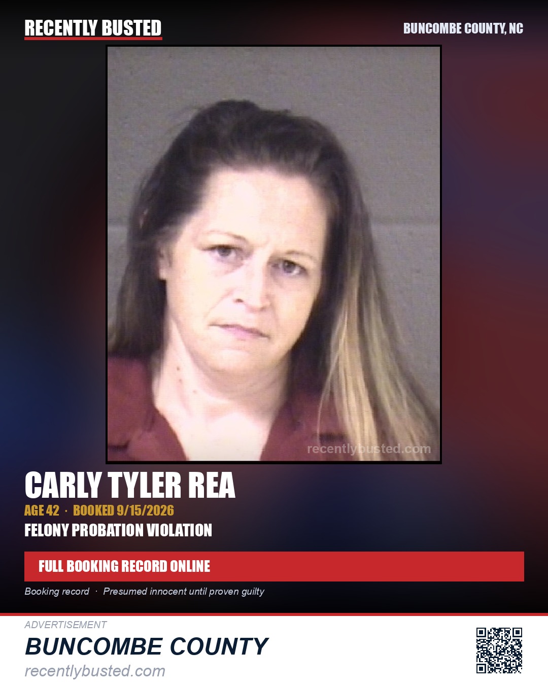 CARLY TYLER REA — arrest record card, Buncombe County, North Carolina