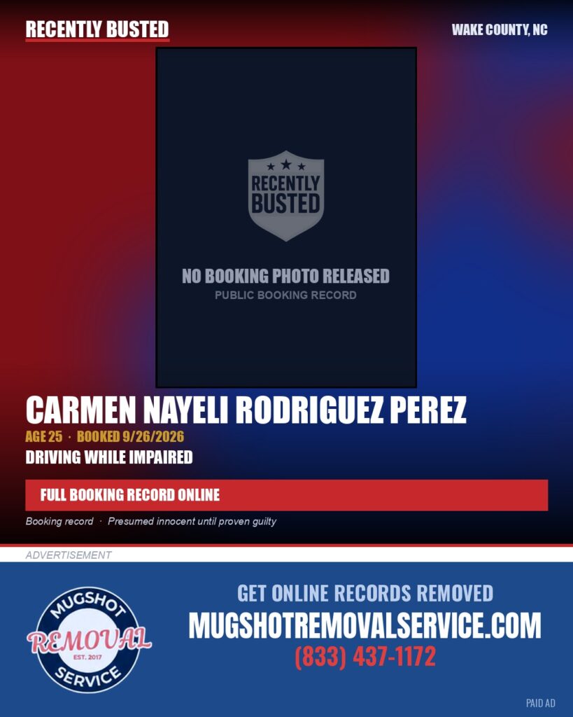 CARMEN NAYELI RODRIGUEZ PEREZ — arrest record card, Wake County, North Carolina