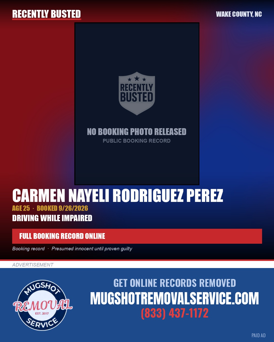 CARMEN NAYELI RODRIGUEZ PEREZ — arrest record card, Wake County, North Carolina