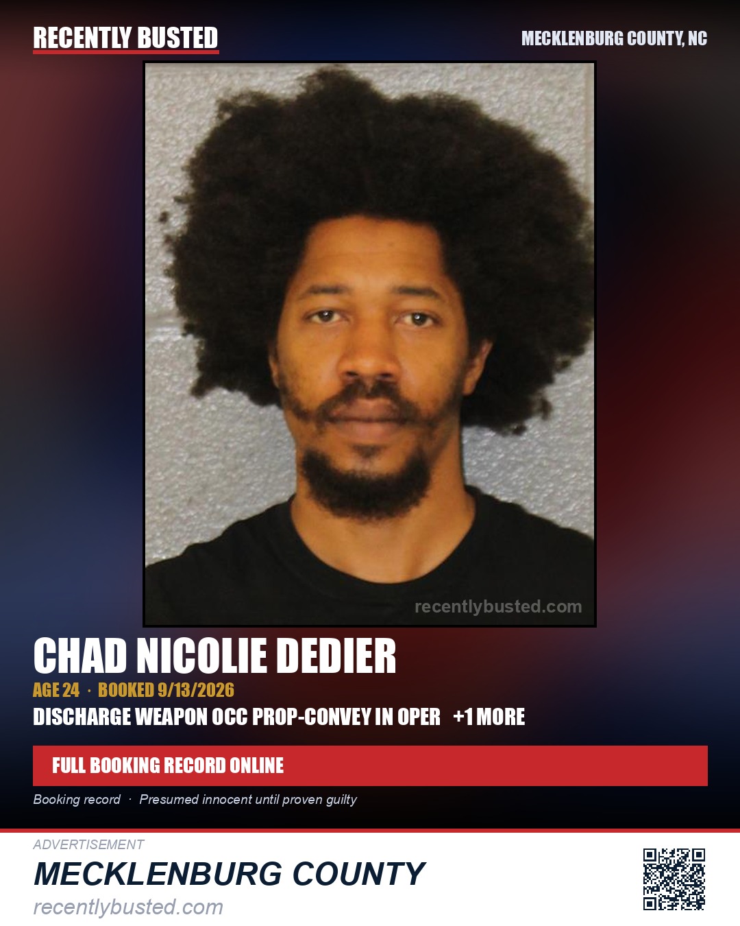 CHAD NICOLIE DEDIER — arrest record card, Mecklenburg County, North Carolina