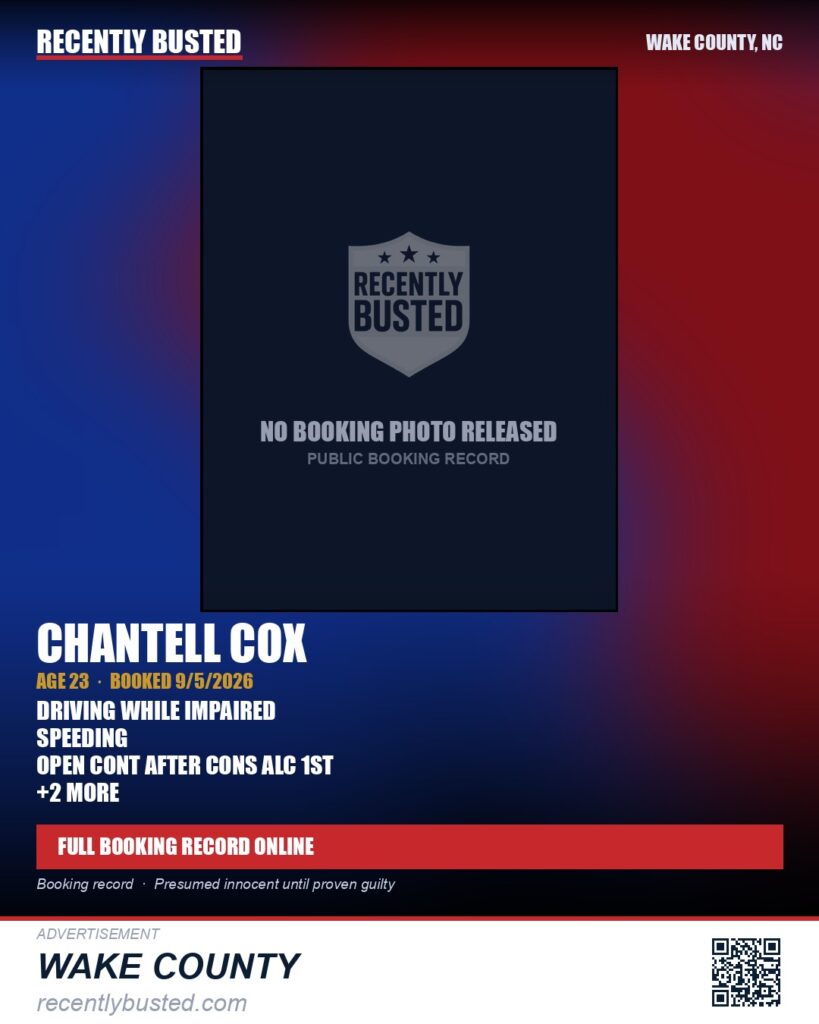 CHANTELL COX — arrest record card, Wake County, North Carolina