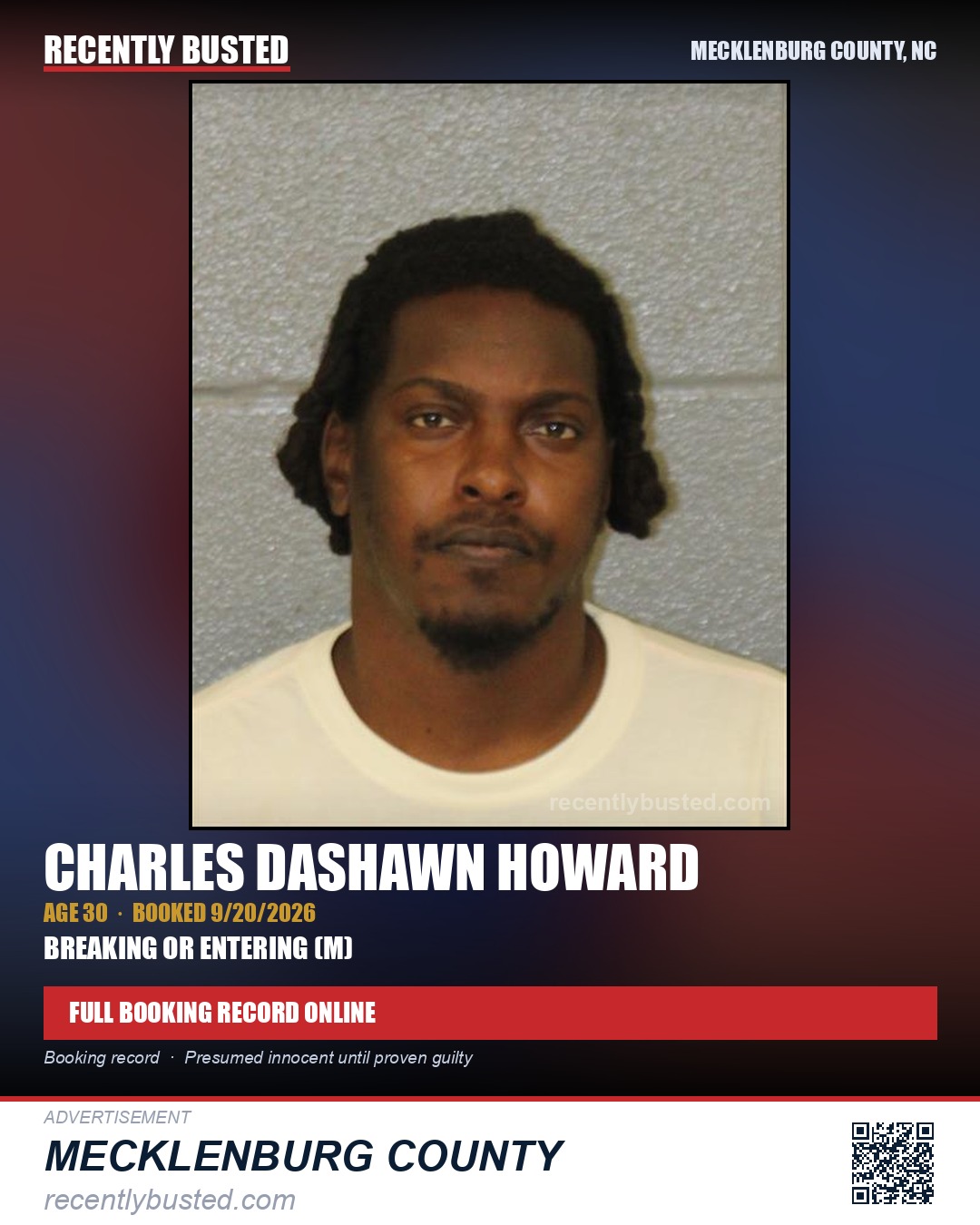 CHARLES DASHAWN HOWARD — arrest record card, Mecklenburg County, North Carolina