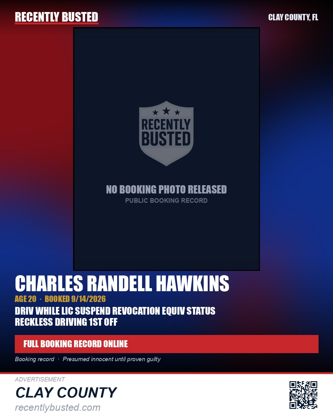 CHARLES RANDELL HAWKINS — arrest record card, Clay County, Florida