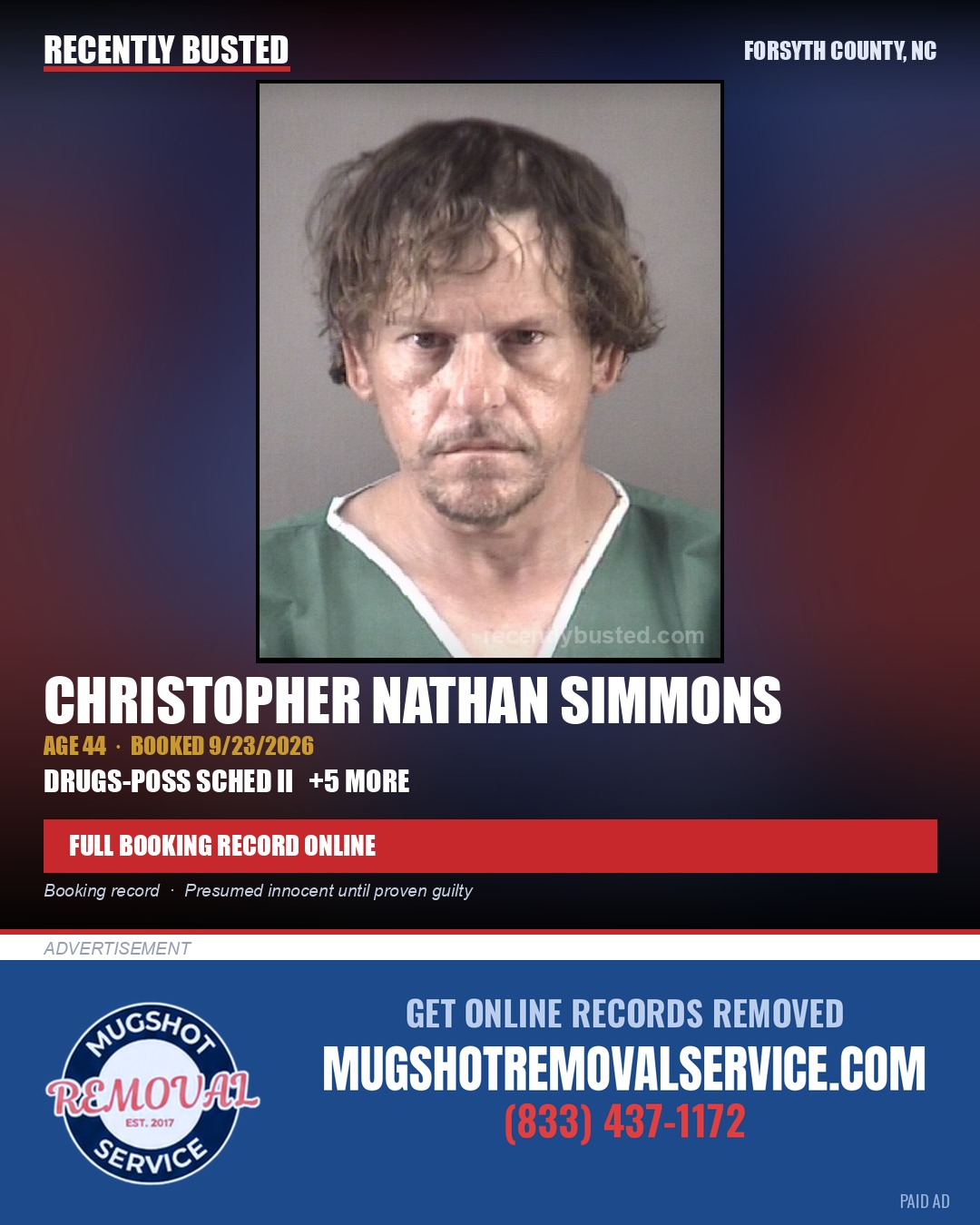 CHRISTOPHER NATHAN SIMMONS — arrest record card, Forsyth County, North Carolina