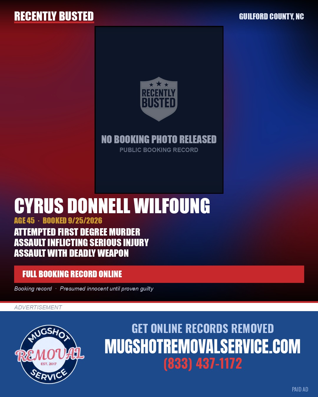 CYRUS DONNELL WILFOUNG — arrest record card, Guilford County, North Carolina
