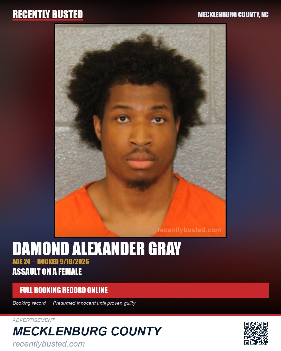 DAMOND ALEXANDER GRAY — arrest record card, Mecklenburg County, North Carolina