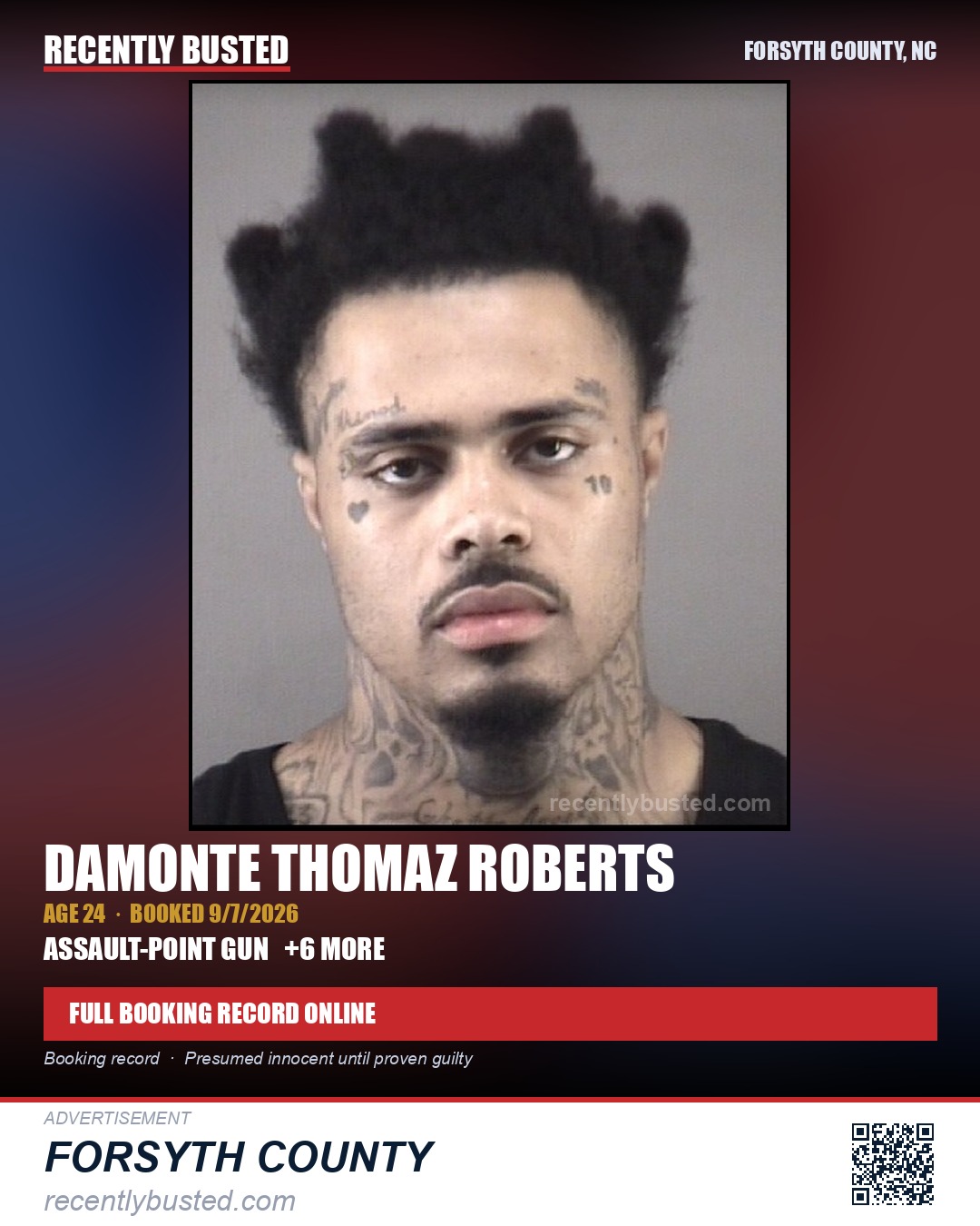 DAMONTE THOMAZ ROBERTS — arrest record card, Forsyth County, North Carolina