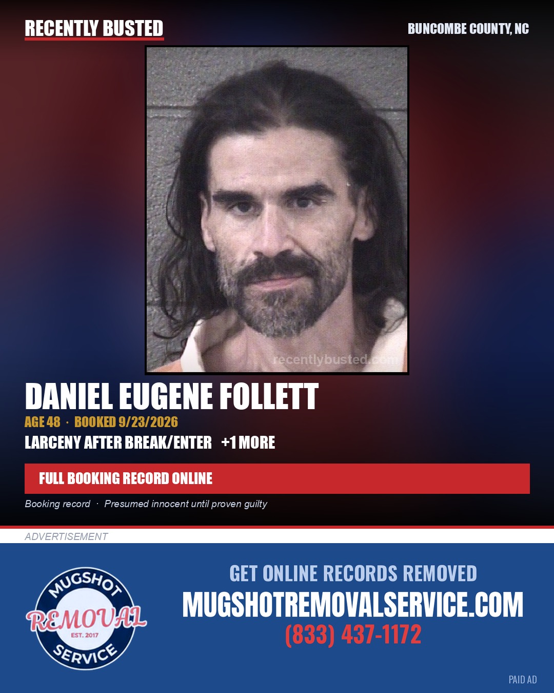 DANIEL EUGENE FOLLETT — arrest record card, Buncombe County, North Carolina