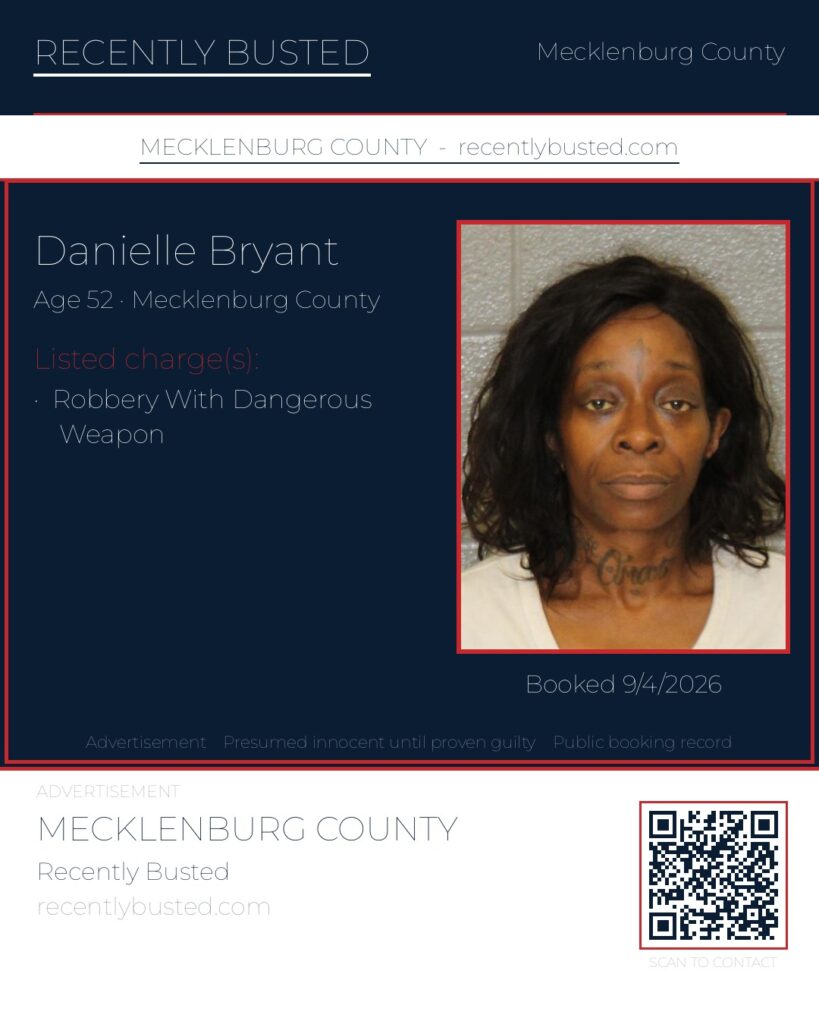 DANIELLE BRYANT — arrest record card, Mecklenburg County, North Carolina