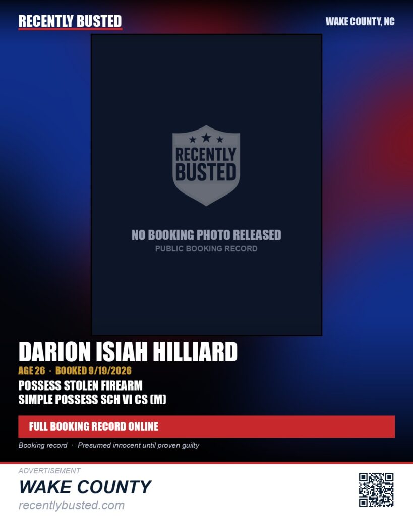 DARION ISIAH HILLIARD — arrest record card, Wake County, North Carolina