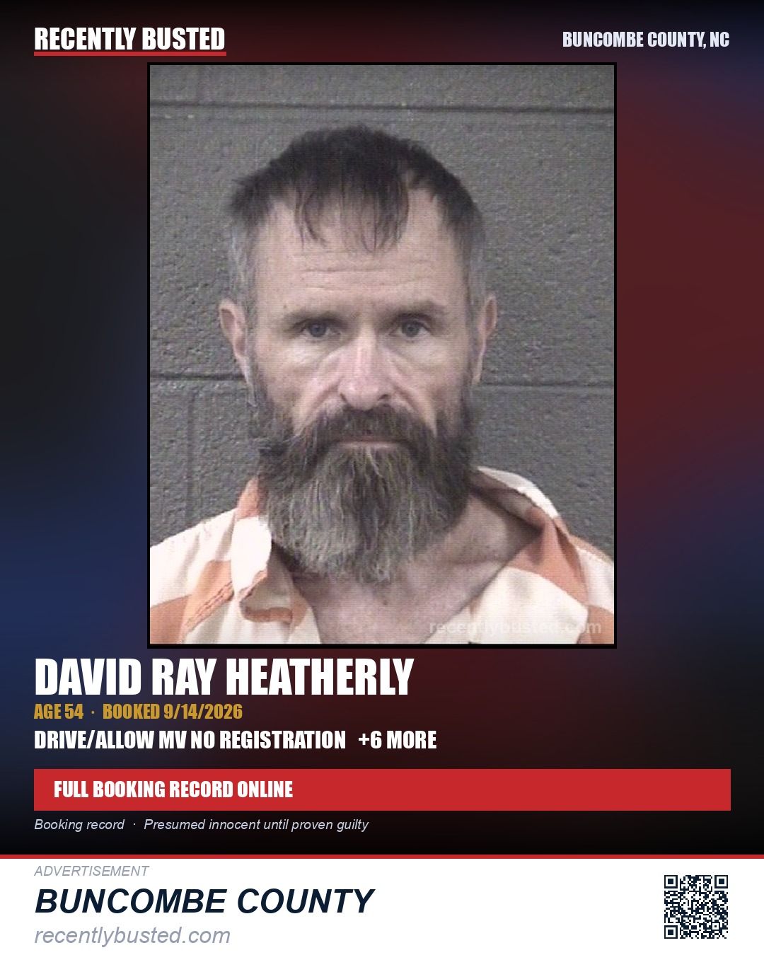 DAVID RAY HEATHERLY — arrest record card, Buncombe County, North Carolina