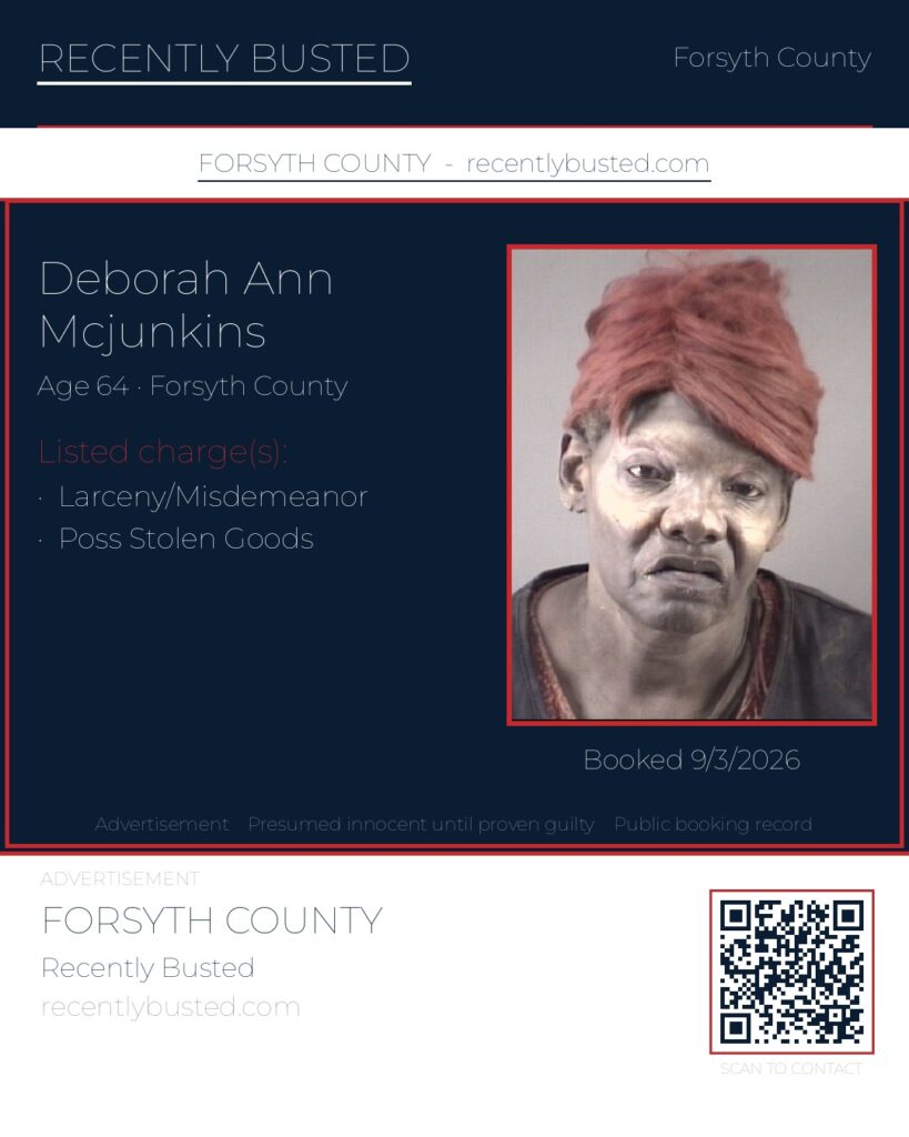 DEBORAH ANN MCJUNKINS — arrest record card, Forsyth County, North Carolina