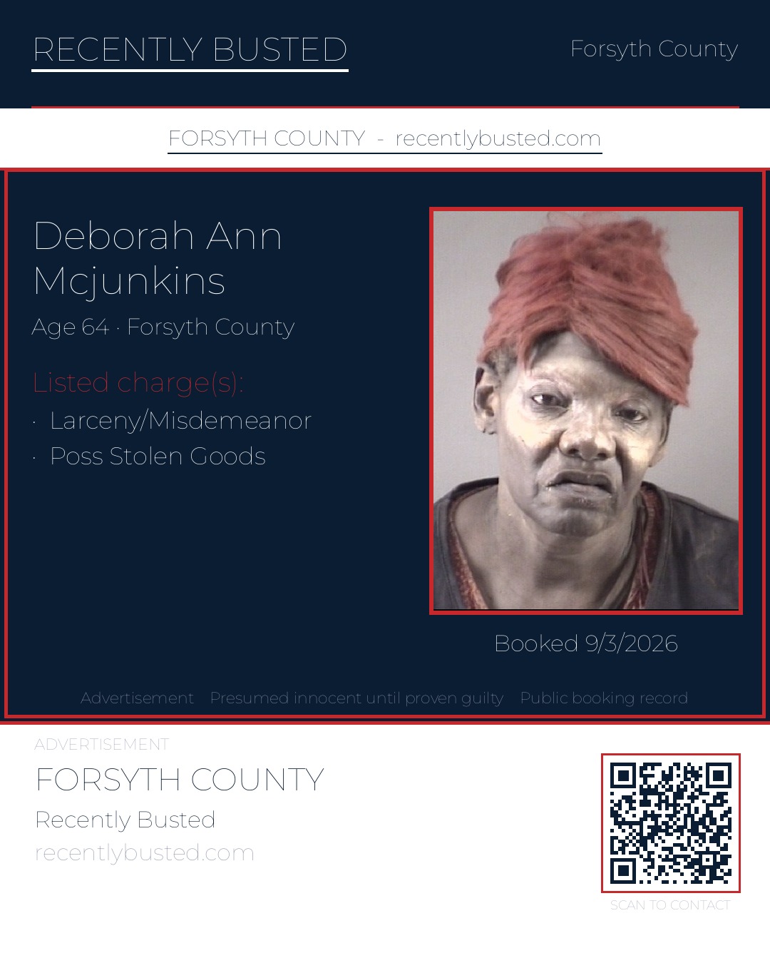 DEBORAH ANN MCJUNKINS — arrest record card, Forsyth County, North Carolina