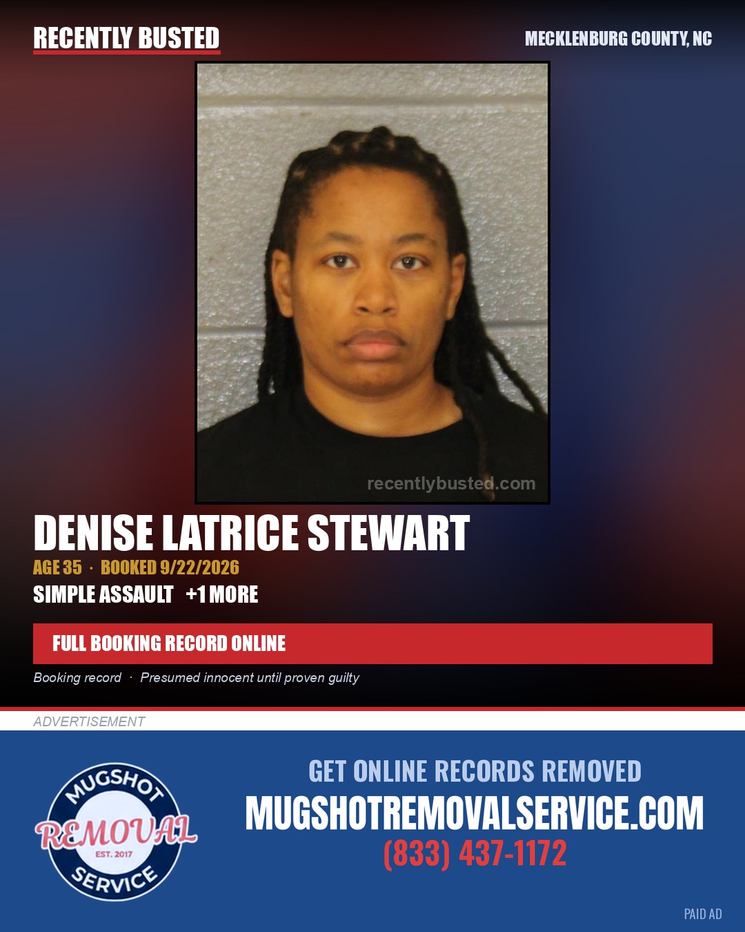 DENISE LATRICE STEWART — arrest record card, Mecklenburg County, North Carolina