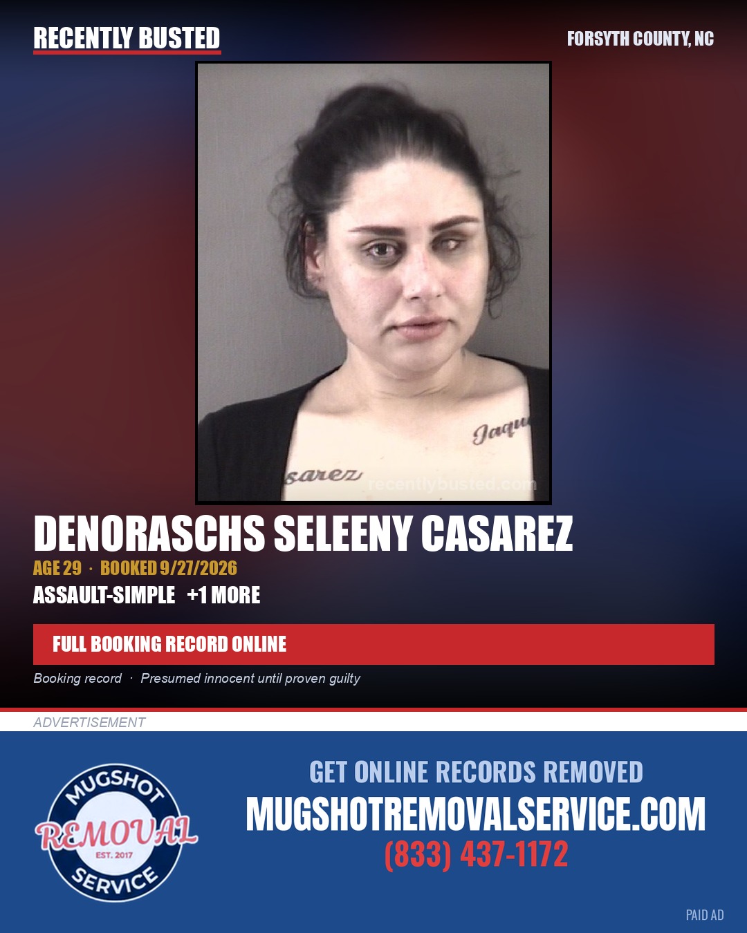 DENORASCHS SELEENY CASAREZ — arrest record card, Forsyth County, North Carolina