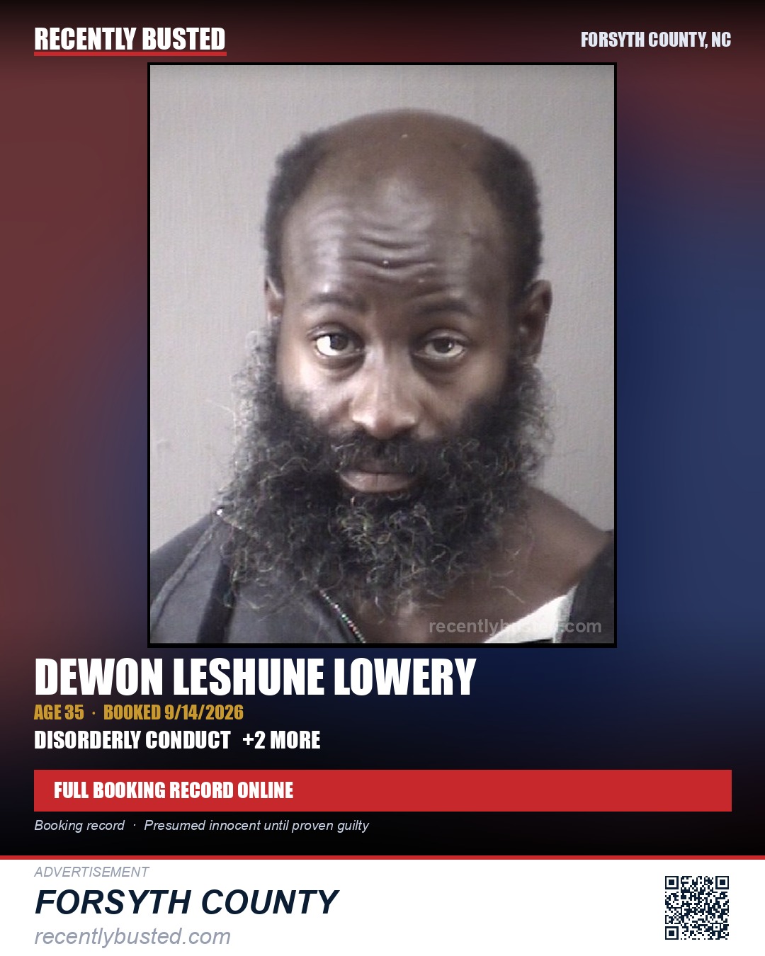 DEWON LESHUNE LOWERY — arrest record card, Forsyth County, North Carolina