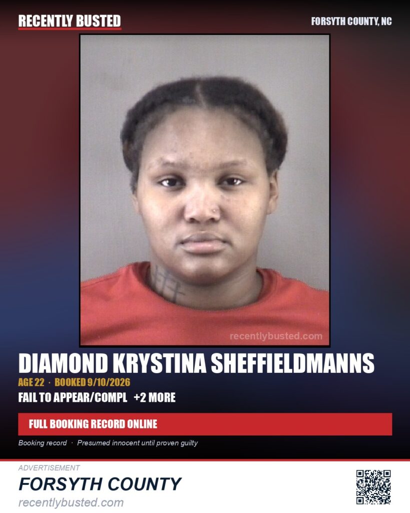 DIAMOND KRYSTINA SHEFFIELDMANNS — arrest record card, Forsyth County, North Carolina
