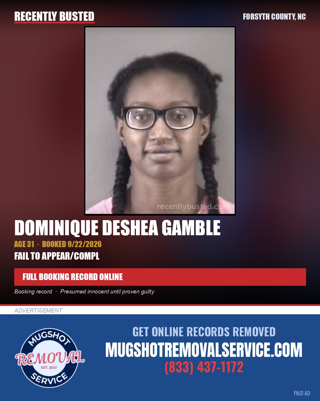 DOMINIQUE DESHEA GAMBLE — arrest record card, Forsyth County, North Carolina