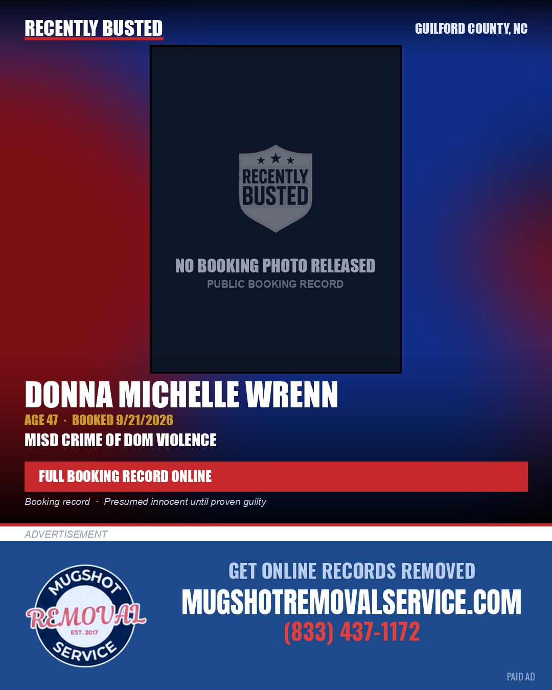 DONNA MICHELLE WRENN — arrest record card, Guilford County, North Carolina