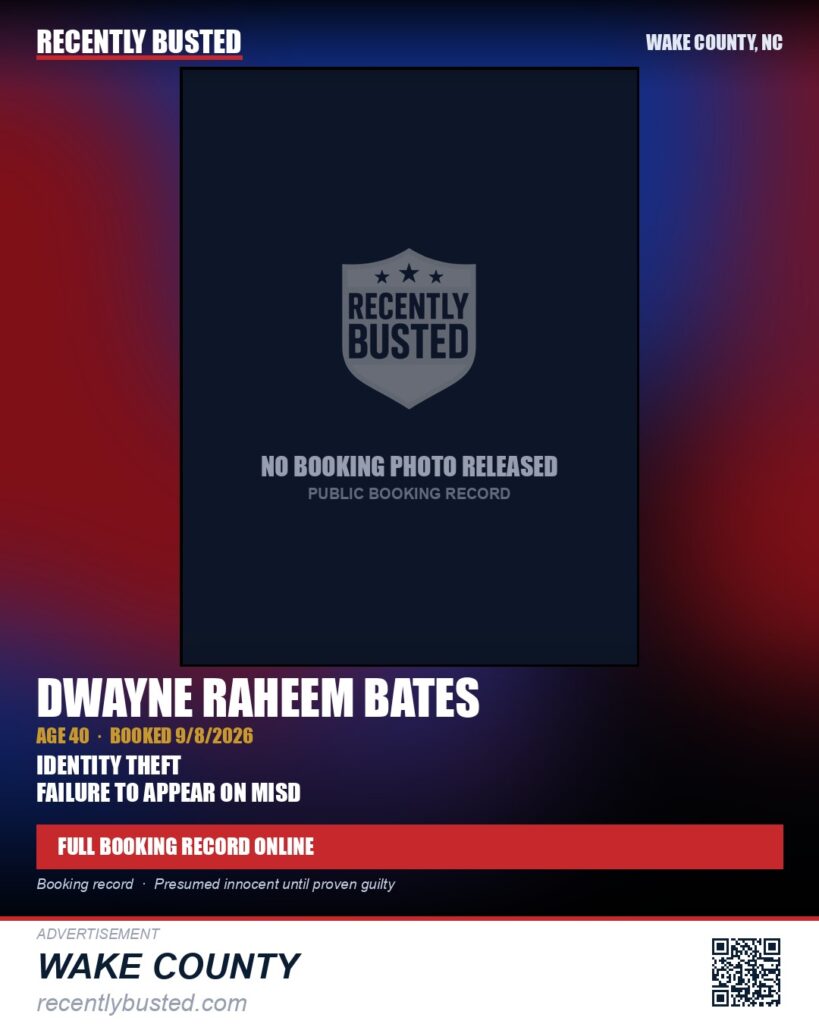 DWAYNE RAHEEM BATES — arrest record card, Wake County, North Carolina