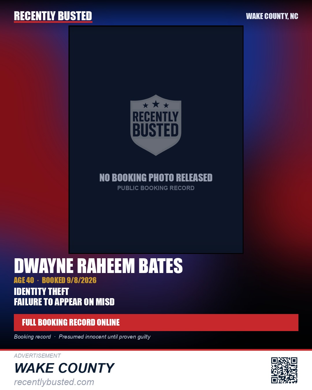 DWAYNE RAHEEM BATES — arrest record card, Wake County, North Carolina