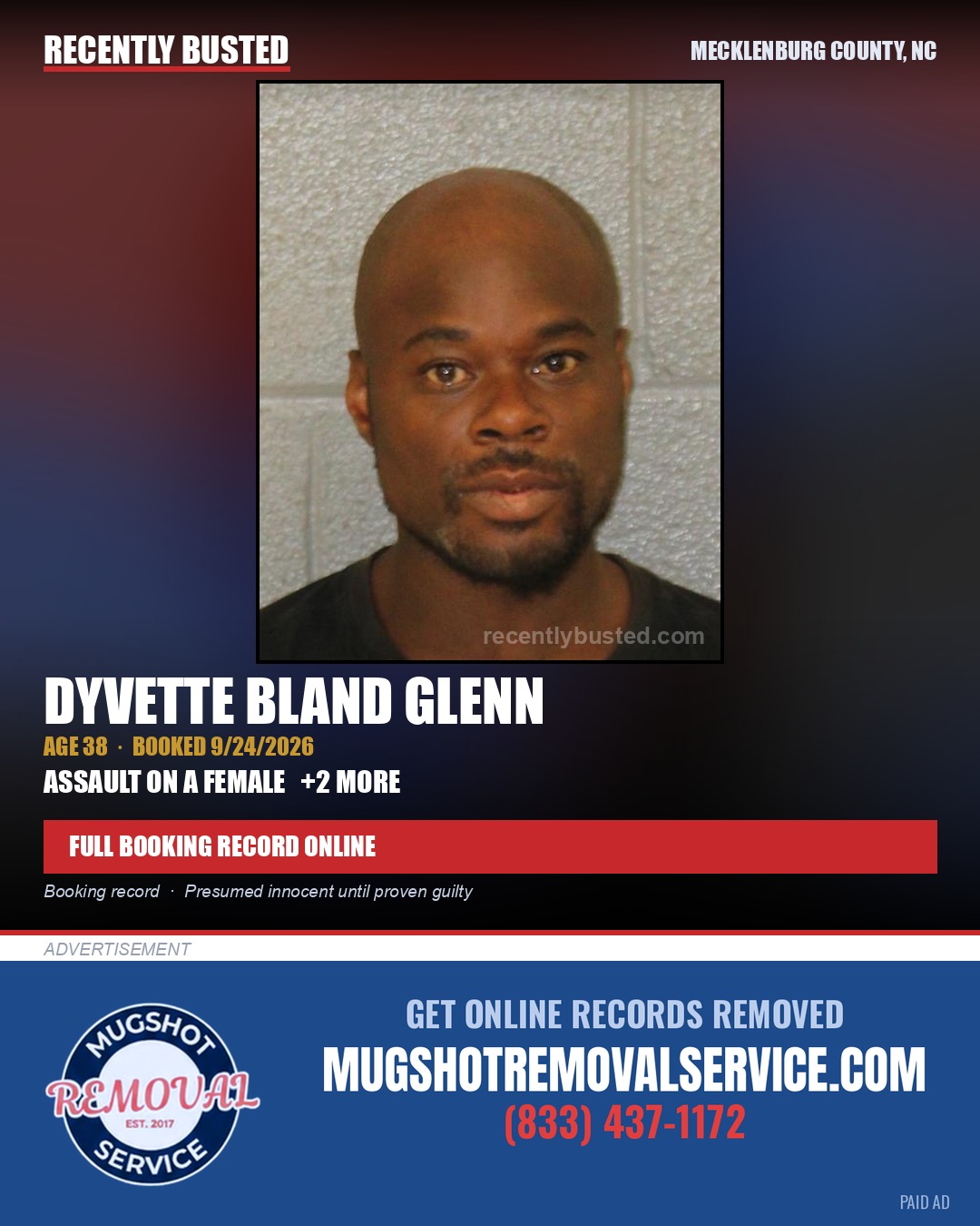 DYVETTE BLAND GLENN — arrest record card, Mecklenburg County, North Carolina