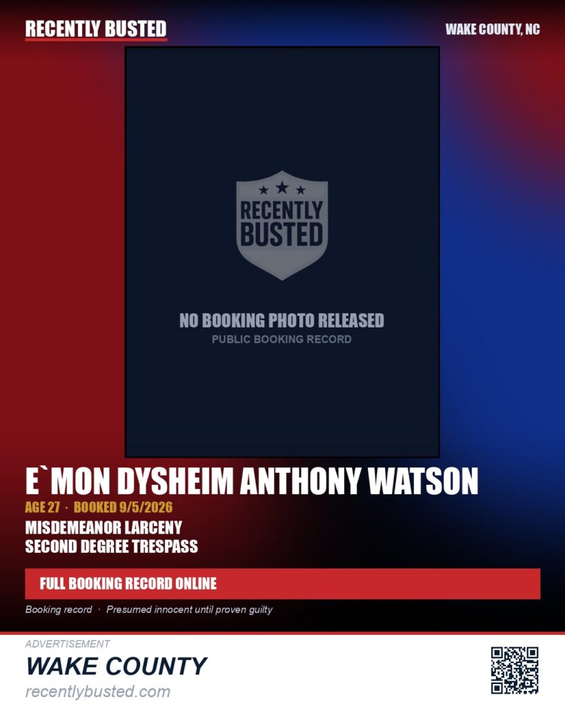 E`MON DYSHEIM ANTHONY WATSON — arrest record card, Wake County, North Carolina