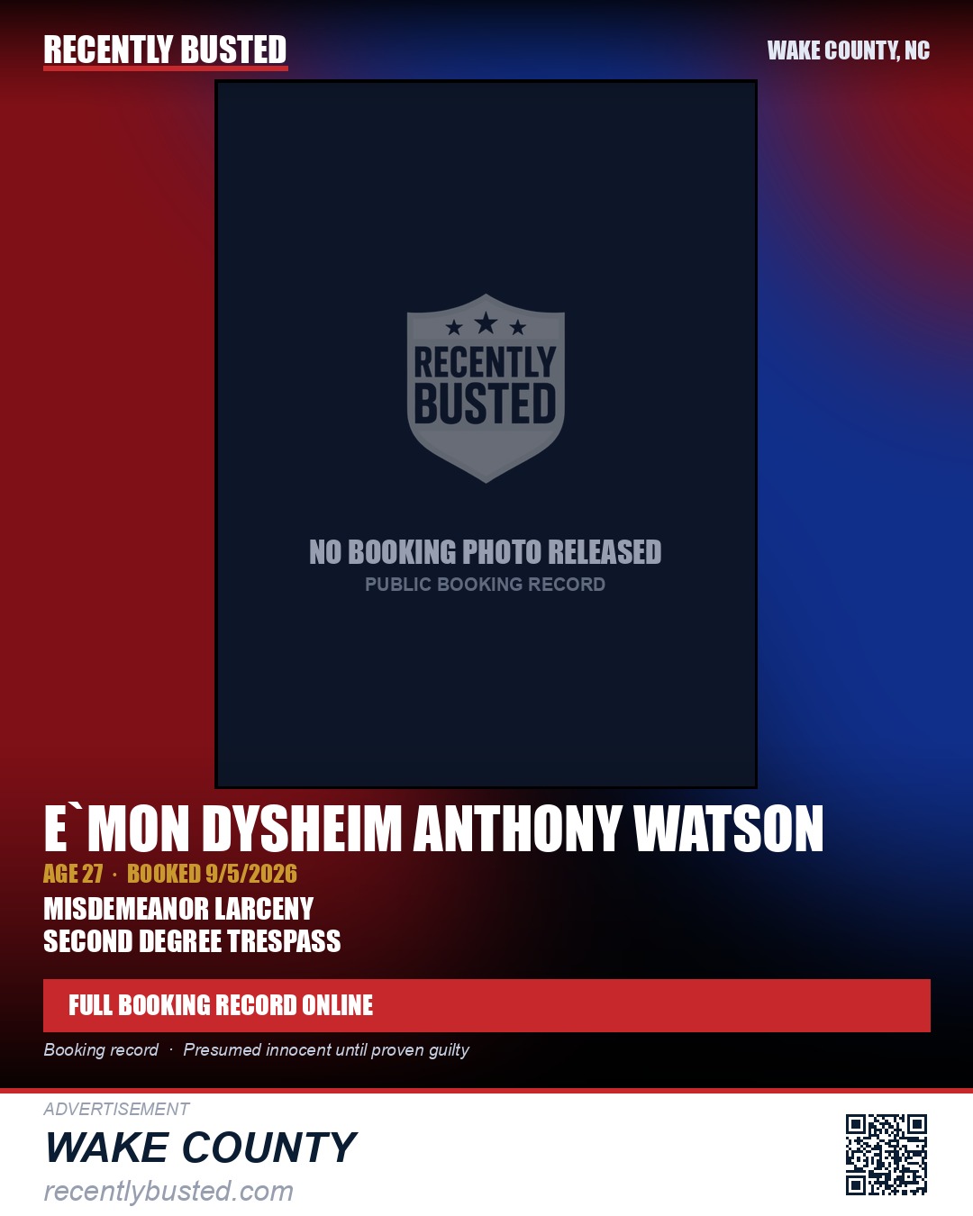 E`MON DYSHEIM ANTHONY WATSON — arrest record card, Wake County, North Carolina