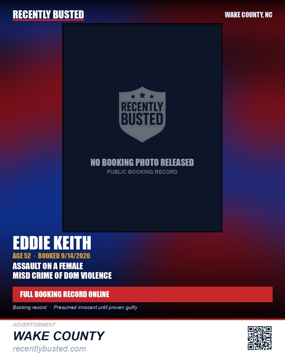 EDDIE KEITH — arrest record card, Wake County, North Carolina