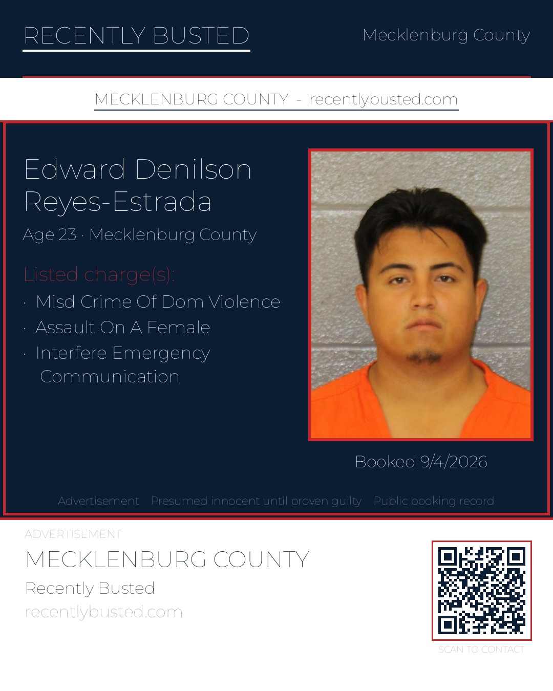 EDWARD DENILSON REYES-ESTRADA — arrest record card, Mecklenburg County, North Carolina