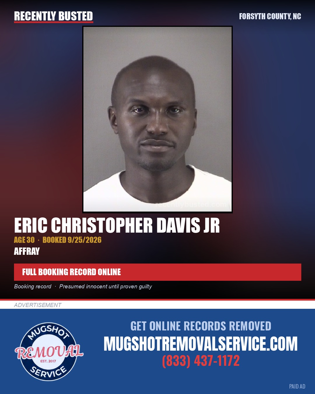 ERIC CHRISTOPHER DAVIS JR — arrest record card, Forsyth County, North Carolina