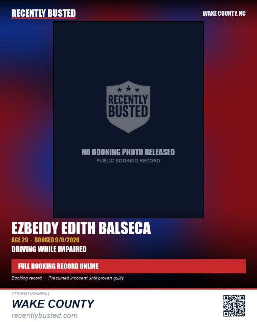 EZBEIDY EDITH BALSECA — arrest record card, Wake County, North Carolina