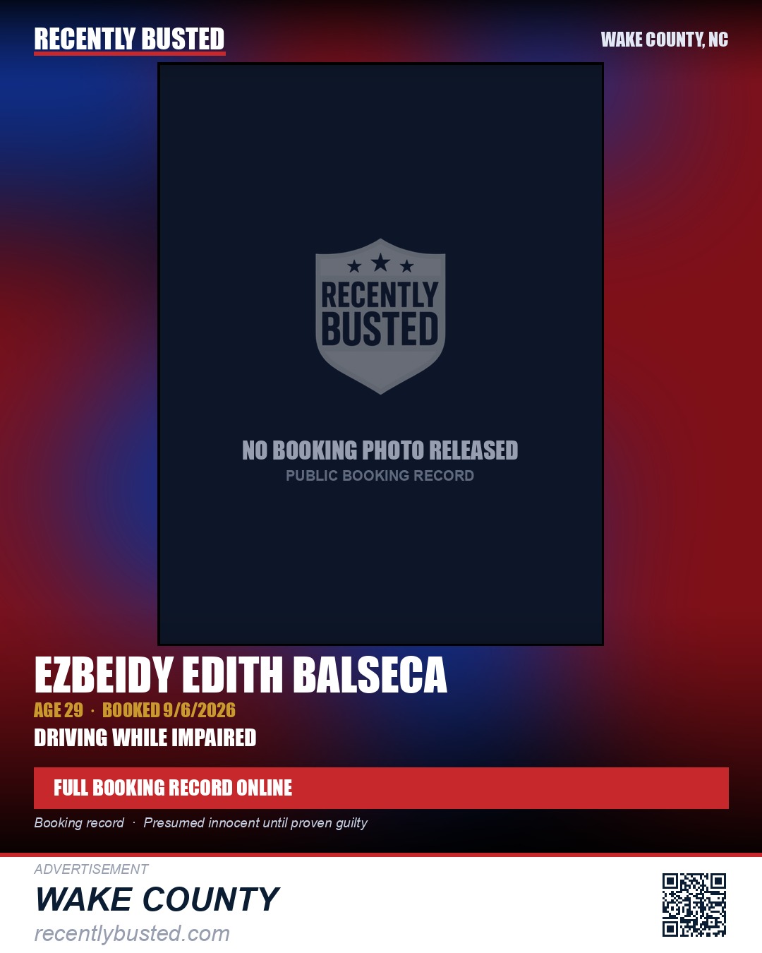 EZBEIDY EDITH BALSECA — arrest record card, Wake County, North Carolina
