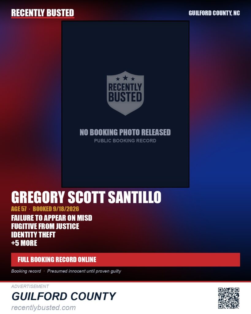 GREGORY SCOTT SANTILLO — arrest record card, Guilford County, North Carolina