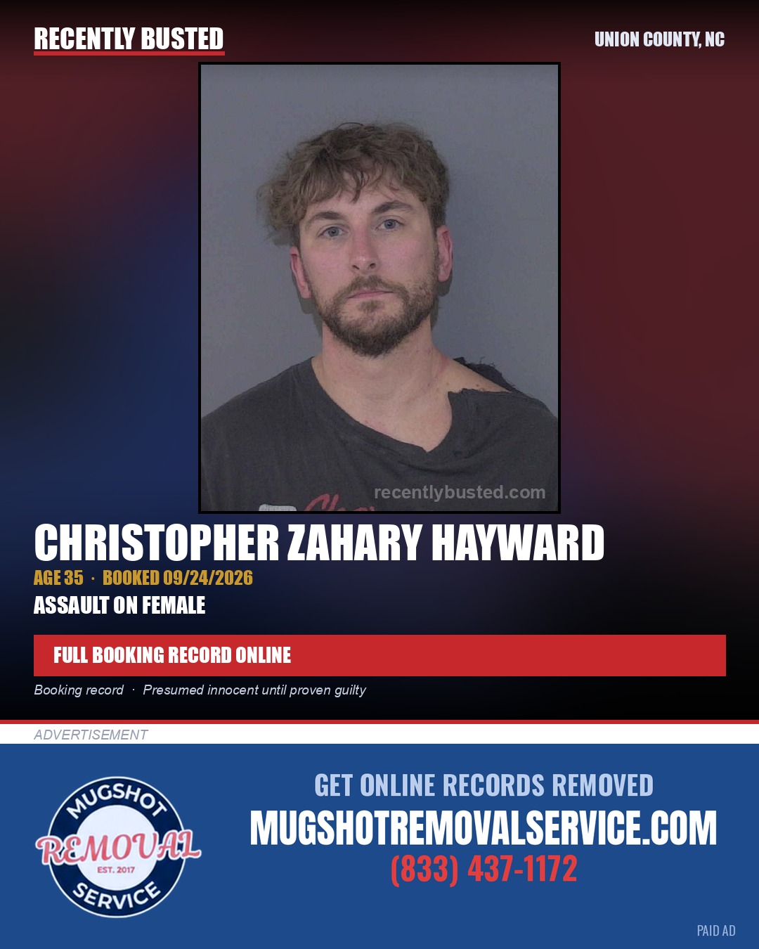 HAYWARD, CHRISTOPHER ZAHARY — arrest record card, Union County, North Carolina