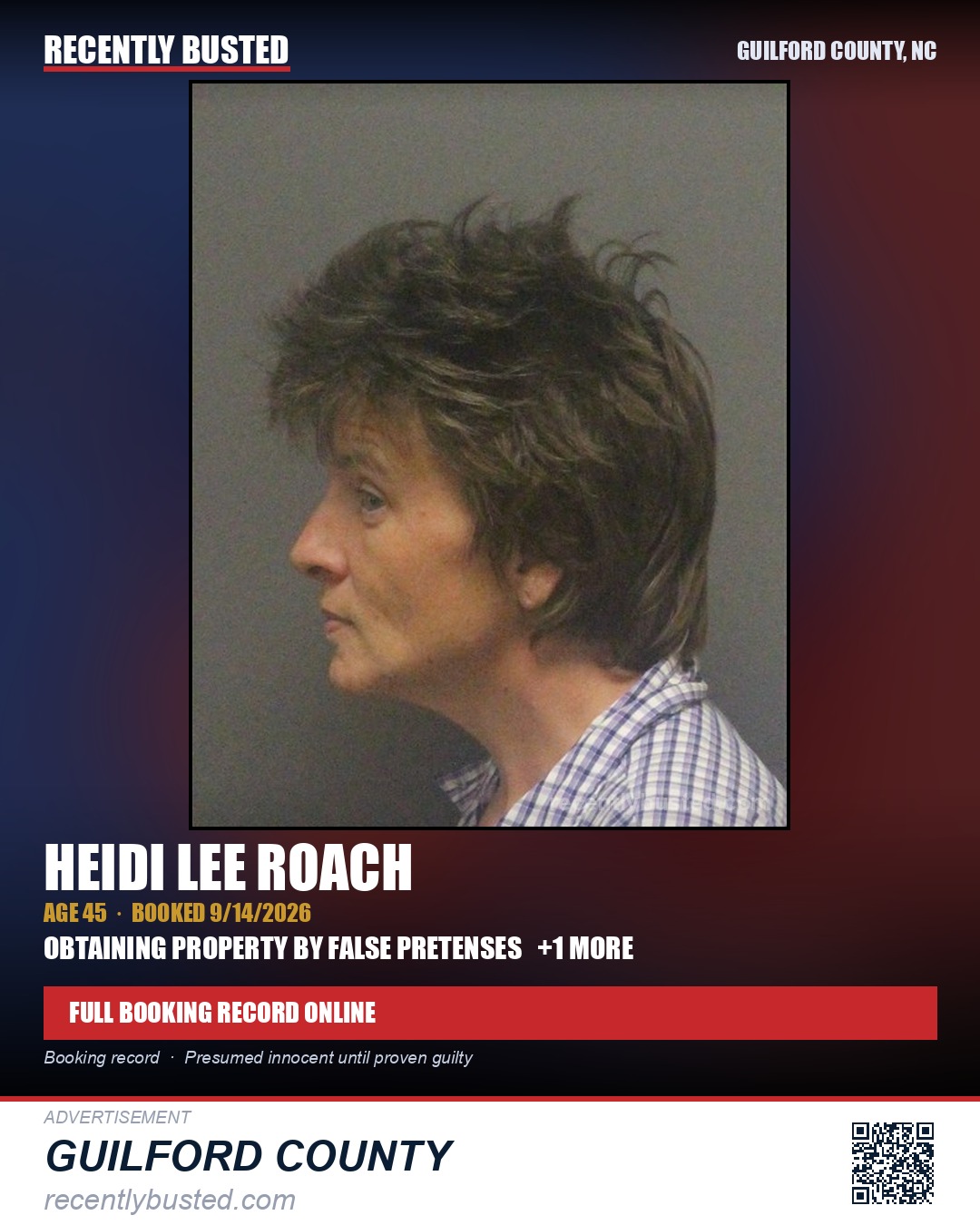 HEIDI LEE ROACH — arrest record card, Guilford County, North Carolina
