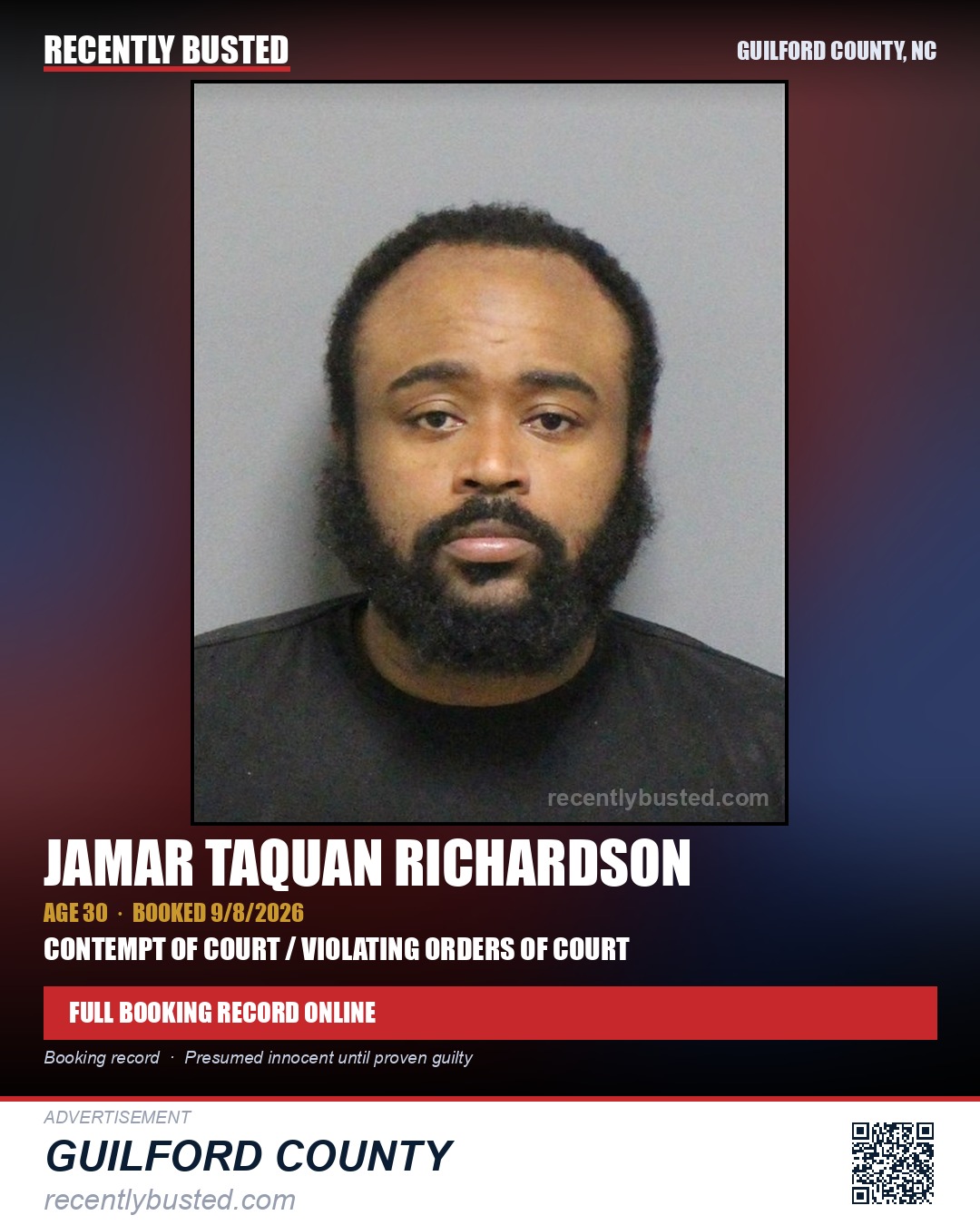 JAMAR TAQUAN RICHARDSON — arrest record card, Guilford County, North Carolina