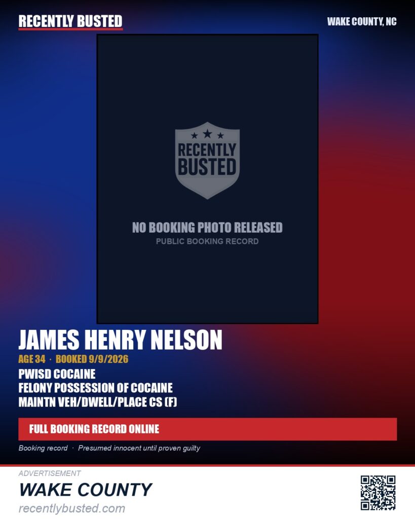 JAMES HENRY NELSON — arrest record card, Wake County, North Carolina