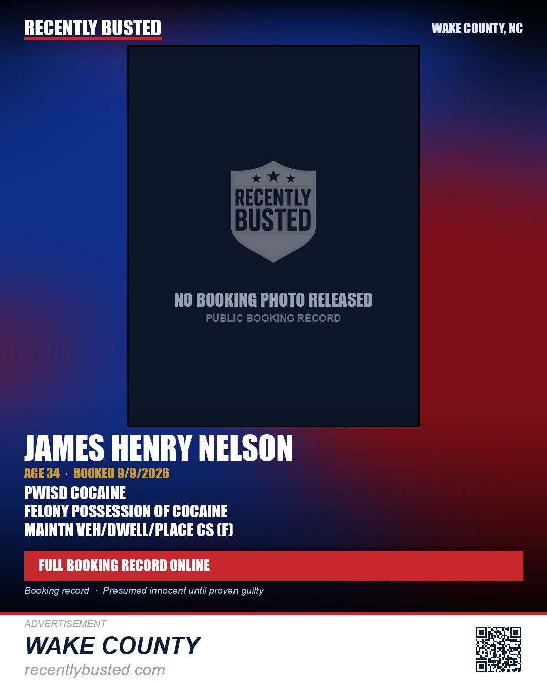 JAMES HENRY NELSON — arrest record card, Wake County, North Carolina