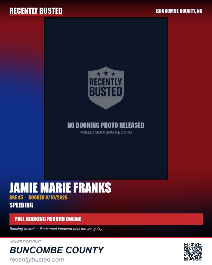 JAMIE MARIE FRANKS — arrest record card, Buncombe County, North Carolina